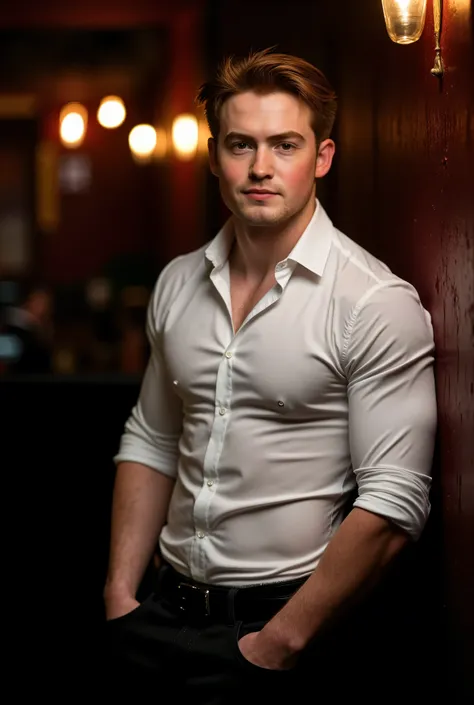 Kit Connor. The image is a high-resolution photograph of Kit Connor with a clean-shaven face and short, tousled light brown hair. He is leaning against the wall in a dimly lit nightclub, looking at the viewer like he's about to pounce. He has a light compl...