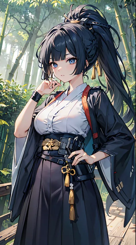 top grade 、、(Whitening skin)、black hair、ponytail,long hair、blue eyes、Petite、SLANDER、 kimono、Hakama,Wooden sword,Wooden swordの素振り、Big Breasts、kendo、samurai、bamboo forest、,