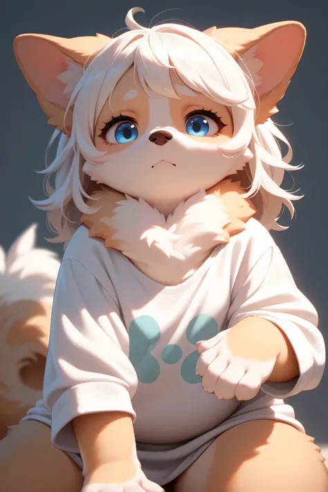 A cute chubby female character with long white hair and yellow tips hair, resembling a fluffy dog, slightly plump and with a charming. } She is wearing a light pink loose shirt, and her coat is soft and thick, covering her entire body. She has light blue e...