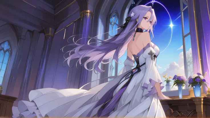 Masterpiece, Best Quality, Top Quality, Very Detailed, 1 girl, score_9, score_8_up, score_7_up, The purple glow in her eyes is actually fading - she's been cut off from her celestial power source. The white gown is borrowed, the flowers in her hair hastily...