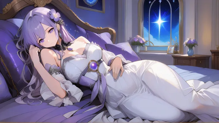 Masterpiece, Best Quality, Top Quality, Very Detailed, 1 girl, score_9, score_8_up, score_7_up, The purple glow in her eyes is actually fading - she's been cut off from her celestial power source. The white gown is borrowed, the flowers in her hair hastily...