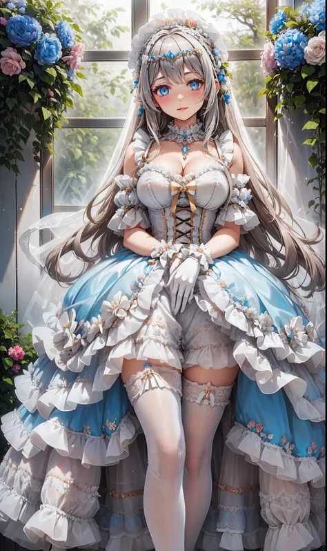 milkshake ,Attractions, Have Fun ,in love,( girl in white modern shirt 、 dress and pantyhose :1.2),( white ruffle bow gloves ), Silver Hair , golden eyes,Sacred headdress, transparent lace , Gorgeous Dress , alone,European bedroom,(night:1...