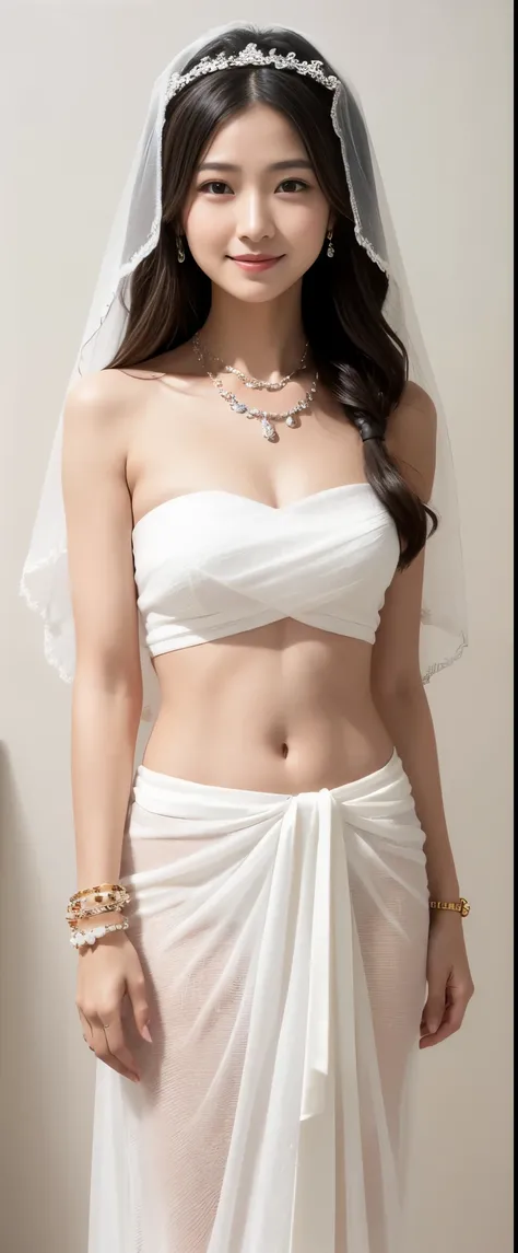 Guanyin bodhisattva semi-full body Give a blessing pose standing Smile faintly wear white strapless Chest wrap with low-waist long white sarong and Wearing a jewelry Bracelet and hair tie back in wedding veil open navel, white background