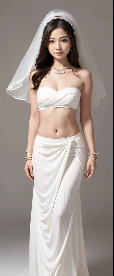 Guanyin bodhisattva semi-full body Give a blessing pose standing Smile faintly wear white strapless Chest wrap with low-waist long white sarong and Wearing a jewelry Bracelet and hair tie back in wedding veil open navel, white background