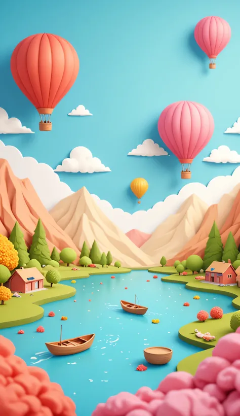 A vibrant and whimsical paper-cut style landscape featuring hot air balloons in red and pink hues floating above a serene lake. The scene includes stylized mountains in light beige and white, with fluffy clouds scattered across a bright blue sky. A small b...
