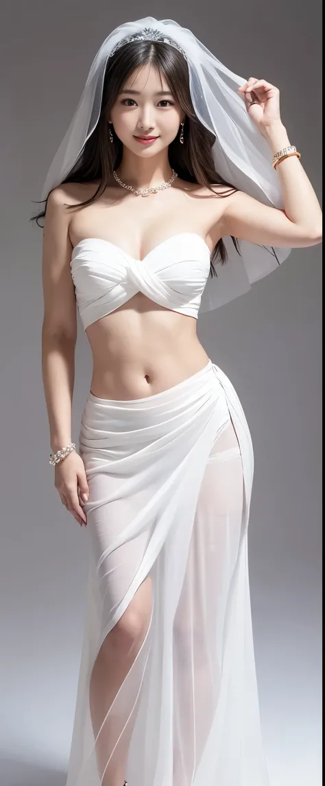 Guanyin bodhisattva full body standing Smile faintly wear white strapless Chest wrap with low-waist long white sarong and Wearing a jewelry Bracelet and hair tie back in wedding veil open navel, white background
