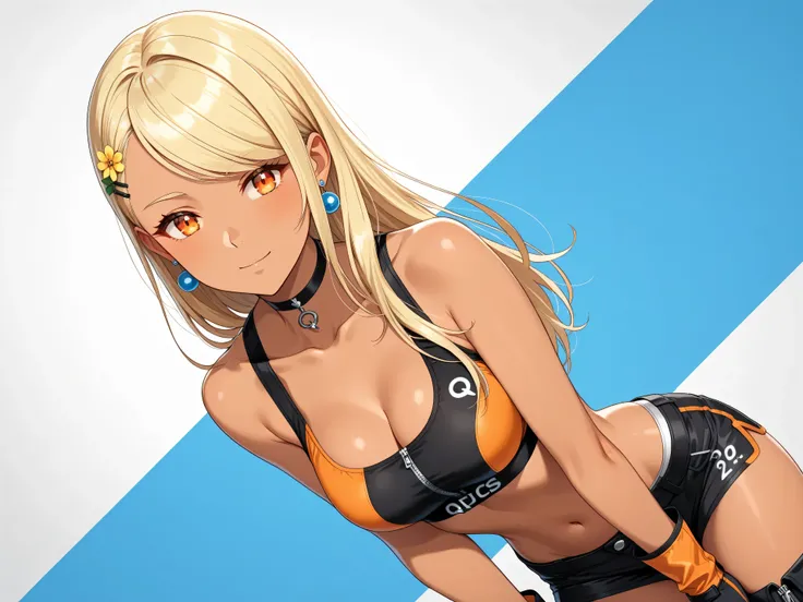 best quality, masterpiece, Super detailed,High resolution,Extremely detailed CG,QpiCos1 dark skinned female, orange eyes, dark skin, blonde hair, long hair, swept bangs, flower hairclip, blue earrings, black choker, two-tone gloves, black gloves, orange gl...