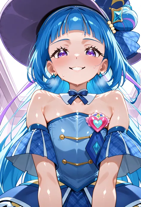 、 Look Down、from below、 break、Cure Wink、cure winks 、Idol Kimi and Idol Pretty Cure Blue Hair、Magical Girl、 mini crowns、purple eyes, blue dress ,slanted hat,very long hair,Dull bangs,bare shoulder,headband,,,nsfw,evil smile、shiny skin NSFW,lewd,