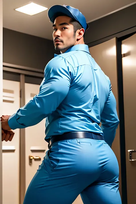 40-year-old boy Japanese muscular male in light blue formal shirt long sleeve ......... wearing police cap, wearing white...underwear...........gooning seductive expression............................., arching back............... looking back to the camer...