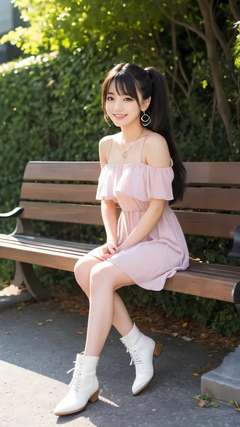sitting on a bench in the shade:(1.4), One Piece Dress:(1.5), sheer pink dress:(1.45),  sandwich:(1.25), full body shot:(1.45), Japanese woman:(1.5), 20 years old:(1.25), twin tails:(1.2), glossy black hair:(1.3), (Clear Dark Eyes), light in the eyes, whit...