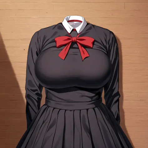 (invisible:1.5, no humans:1.5, headless:1.5, faceless:1.5), ( shuuchiin_academy_uniform, fujiwara_chika, school_uniform, red_ribbon, breasts, black_dress, long_sleeves:1.2), on bed, (big breast), (best quality, masterpiece:1.2), detailed cloth texture, ((d...