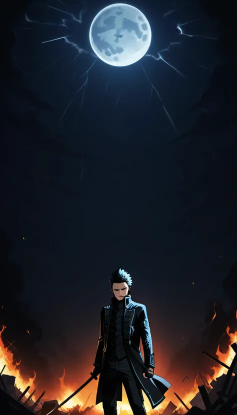 ,Give your images flat even illumination (negative) or dramatic chiaroscuro lighting (positive,Bloody Moon,destruction, fire, nighttime, dark, stars, moonlight, full moon,Thunderstorm around, serious boys, holding a katana, smile, mouth closed,dmc5vergil
b...