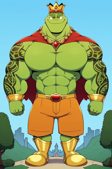 A green giant cartoon 2d frog king, gigantic chin, biggest muscular body, ginomous biceps enormous pectorals, golden bracelets with colorful jewels, golden necklaces with colorful jewels, golden chest, golden wrestler champions belt, Red headband. Golden w...