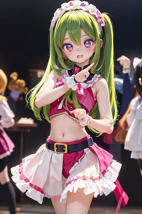 Pretty Cure young girl stands up、dynamic movement while dancing、cute expression、fine details、PRECISE 4K RENDERING、PROFESSIONAL PHOTO、Realistic and highly saturated colors、anime style with bokeh、dramatic lighting、fantastic atmosphere like a magical girl