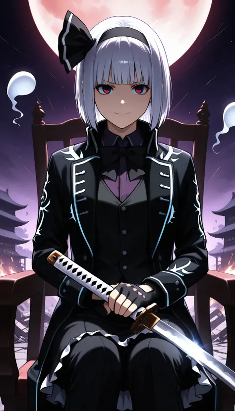 ,Give your images flat even illumination (negative) or dramatic chiaroscuro lighting (positive,Bloody Moon,destruction, fire, nighttime, dark, stars, moonlight, full moon,Thunderstorm around, serious boys, holding a katana, smile, mouth closed,dmc5vergil
b...