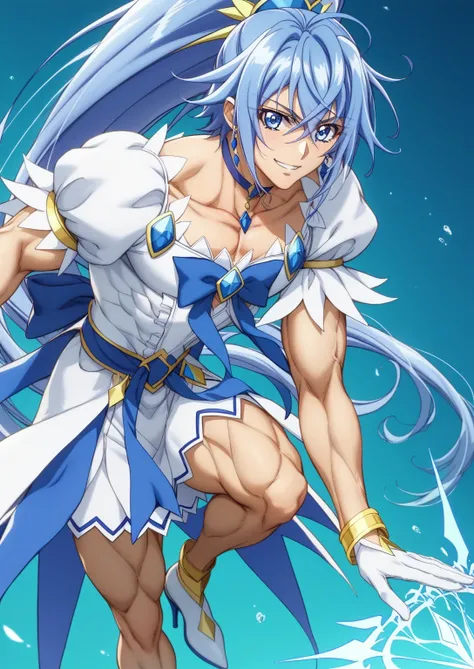 score 9 、score 8 up、score 7 up、source anime、masterpiece、best quality、high resolution、anime coloring、1boy、cure diamond、(male:1.5)、Close up of a boy anime character with blue hair、high long ponytail hair、dia shape hair ornament、solo、portrait of Magic Boy、 Bo...