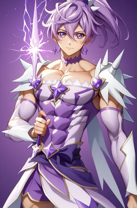 score 9 、score 8 up、score 7 up、source anime、masterpiece、best quality、high resolution、anime coloring、1boy、cure sword、(male:1.5)、Close up of boy anime character with purple hair、high short ponytail hair、spade shape hair ornament、solo、portrait of Magic Boy、 B...