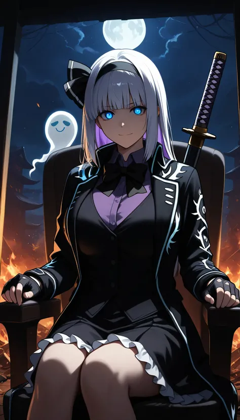,Give your images flat even illumination (negative) or dramatic chiaroscuro lighting (positive,Bloody Moon,destruction, fire, nighttime, dark, stars, moonlight, full moon,Thunderstorm around, serious boys, holding a katana, smile, mouth closed,dmc5vergil
b...