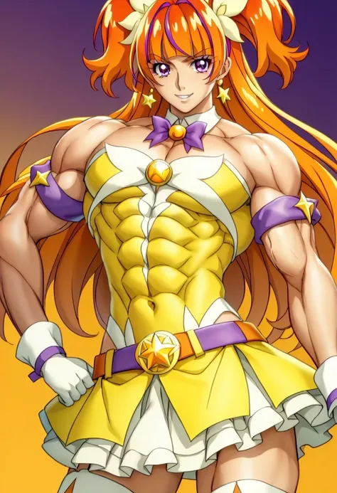 score 9 、score 8 up、score 7 up、masterpiece、best quality、high resolution、anime coloring、1boy、cure twinkle、(male:1.6)、cartoon image of a man in a yellow mini dress、solo、long hair、orange hair、low tied long hair、multicolored hair、 Hair、two tone hair、streaked h...