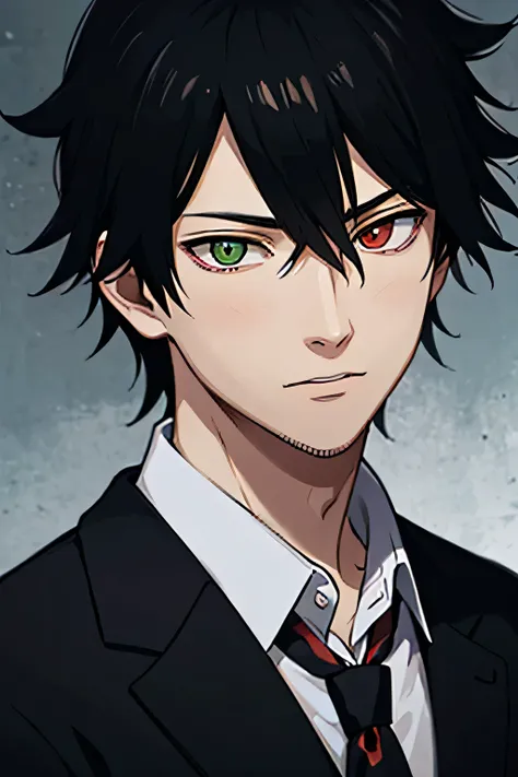 20 year old man, Indonesian, a government assasin, strategist, wearing a white shirt, wearing a black blazer, wearing a red tie, black hair with white stripes, light green eye color, facing forward, half body, hd
