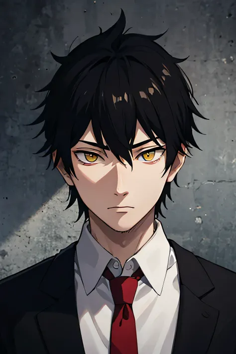 20 year old man, Indonesian, a government assasin, strategist, wearing a white shirt, wearing a black blazer, wearing a red tie, black hair with white stripes, light green eye color, facing forward, half body, hd
