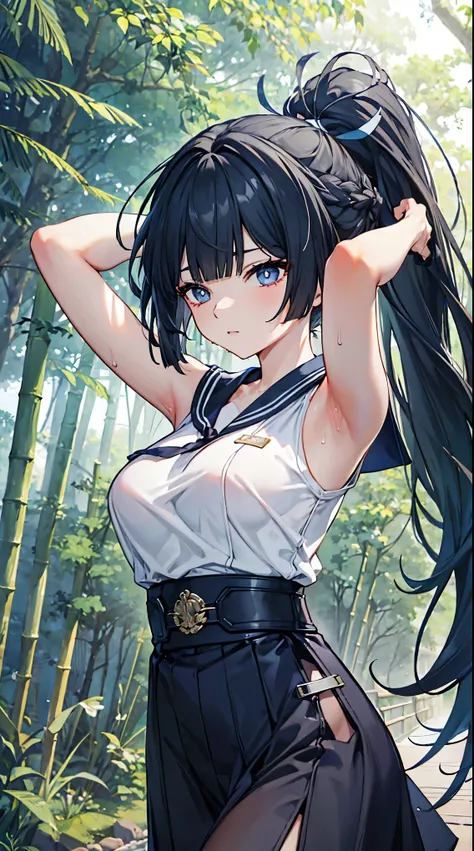 top grade 、、(Whitening skin)、black hair、ponytail,long hair、blue eyes、Petite、SLANDER、Sailor Suit、running、Big Breasts、bamboo forest、sweat,