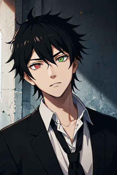20 year old man, Indonesian, a government assasin, strategist, wearing a white shirt, wearing a black blazer, wearing a red tie, black hair with white stripes, light green eye color, facing forward, half body, hd
