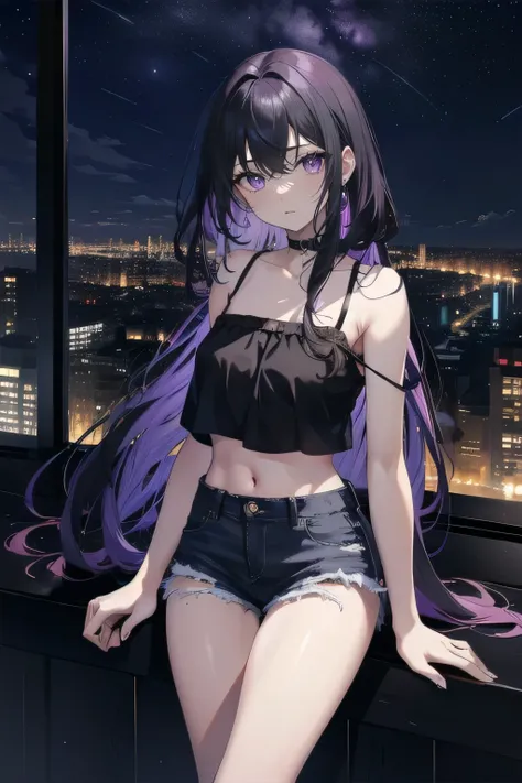 (masterpiece), (best quality), ultra detailed, finely detailed color, cenematic painting, anime lady, model, ((one lady)), 20-years-old, cute face, black hair, absurdly long hair, straight hair, (violet eyes:1.2), purple eyes, standing, chocker, ((black ca...