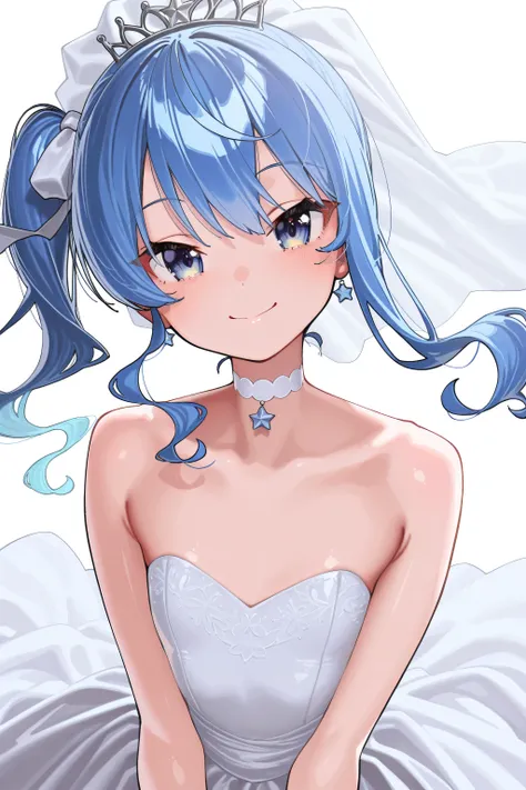 kmj-anonstyle, [artist:yoneyama mai], [artist:kanzarin], [artist: ekrea_jan], masterpiece,best quality,amazing quality, 748cmstyle, solo, eye focus, hololive, hoshimachi suisei, 1girl, bare shoulders, blue eyes, blue hair, choker, closed mouth, dress, flat...