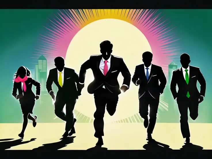 A man in a suit with a red tie, a man in a suit with a blue tie, a man in a suit with a yellow tie, a man in a suit with a green tie, and a woman in a suit with a pink scarf are running。Men in total4people、女性1people。Everyone、I'm wearing a black recruitment...