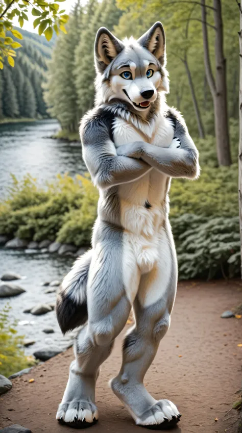 full body, fursuit, male, grey, grey limbs wolf, blue eyes, nature background