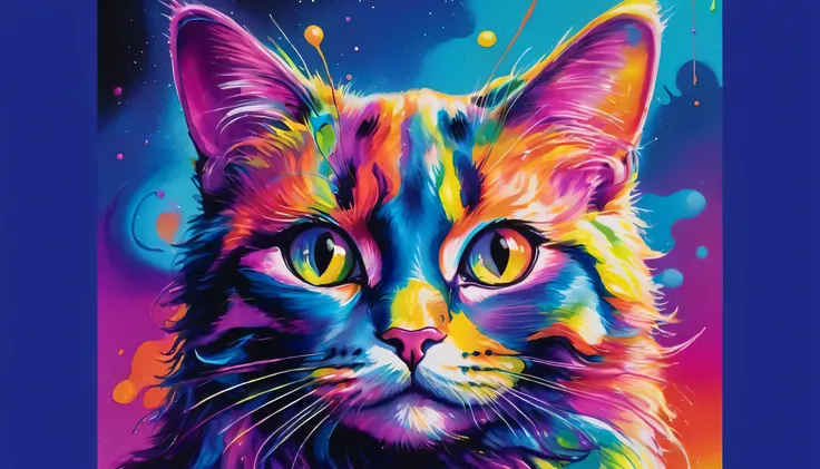 Close up of a cat's face painted in bright colors,  Portrait of Lisa Frank , a  Cat Painting, Lisa - Frank ,  Lisa Frankスタイル,  Cat Painting,  just a joke , Lisa Frank,  Lisa Frank's Style , inspired Lisa Frank, Painted with bright watercolors, in a  Cat Pa...