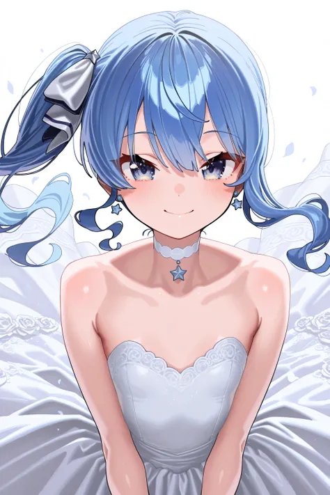 kmj-anonstyle, [artist:yoneyama mai], [artist:kanzarin], [artist: ekrea_jan], masterpiece,best quality,amazing quality, 748cmstyle, solo, eye focus, hololive, hoshimachi suisei, 1girl, bare shoulders, blue eyes, blue hair, choker, closed mouth, dress, flat...