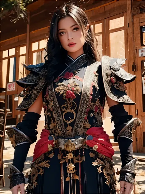(masterpiece, best quality:1.2), 1girl, solo, fantasy armor, colorfull armor, crowded old japanese village