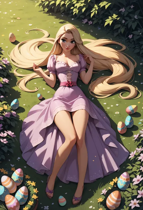 
Rapunzel in a sexy dress with a sexy figure, lying in the garden, Easter eggs scattered around