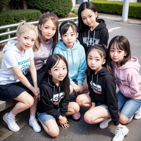 18yo、HD, masterpiece, ((hoodie)), (pastel west cross ), red cheeks, best quality, smile, ( Medically Accurate ),((classmates)), staring at camera,幸せそうなsmile, city crossroads、4 girls