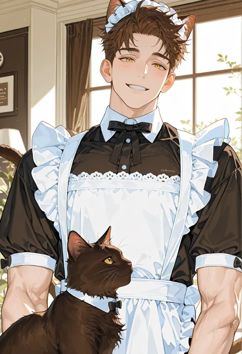 1 male, 28 year old male, handsome, adult, mature, beautiful masterpiece, brown hair, yellow eyes, short hair, sports hair, healthy beauty, smiling, wearing white maid outfit, lace, brown cat ears, brown cat tail, refreshing, alone, background is maid cafe...