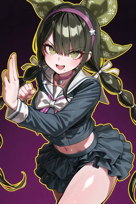 kmj-anonstyle, [artist:yoneyama mai], [artist:kanzarin], [artist: ekrea_jan], masterpiece,best quality,amazing quality, 748cmstyle, solo, eye focus, danganronpa (series), danganronpa v3: killing harmony, chabashira tenko, 1girl, black hair, bow, choker, ey...