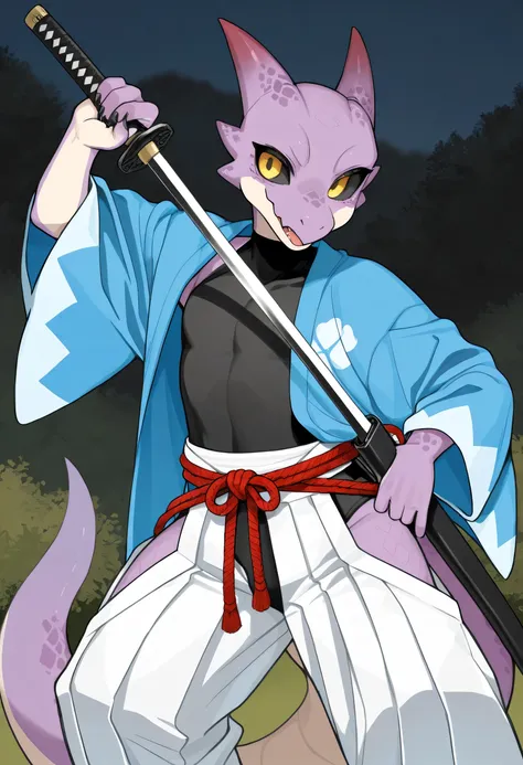 soft shading, 4k, hi res, detailed face, detailed, best quality, masterpiece, detailed anatomy, detailed eyes, perfect shading, by K0BIT0WANI, by Kiyosan, by Spiritd, solo male, Kobold, black sclera, yellow eyes, tail, femboy body, purple scales, blue haor...
