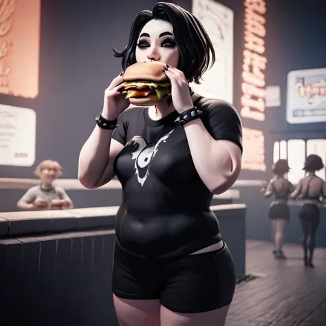 masterpiece, best quality, high quality, doomer girl, goth gf, standing, plump, eating burger, night background, 