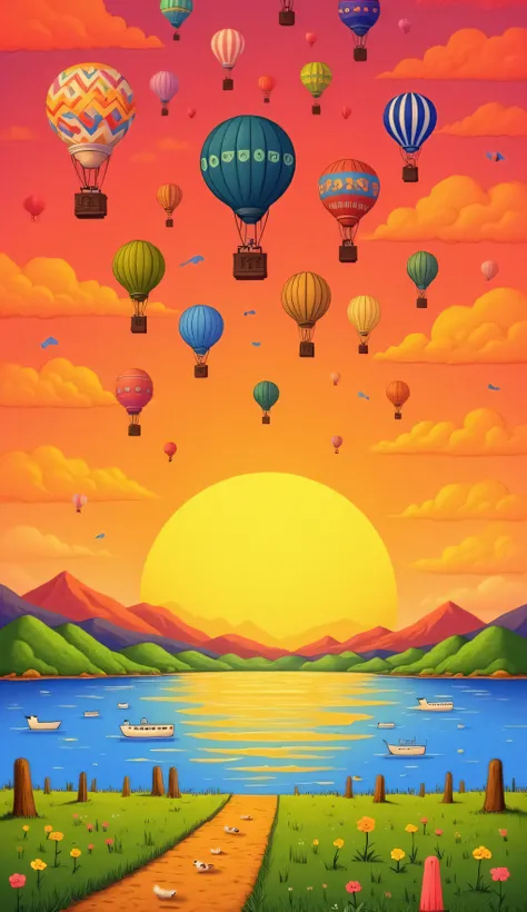 grasses land  .  A vibrant and intricately detailed illustration  ,A vibrant and   style landscape featuring hot air balloons in various color hues floating above a serene lake.  a large, radiant VECTOR flat sunrise against a dramatic red and yellow sky . ...