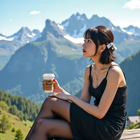 God of Switzerland sitting on a bench々Shii Fuyu no Mine々を見ながらコーヒーを飲む日本人女性の全身ショット、（the cutest Japanese woman、coffee cup says coffee break:2.0）、Full body shot of a Japanese woman drinking coffee while looking at a white party dress up to the knee、black panty...