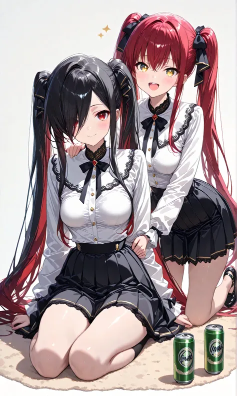 (watercolor: 0.5), ( pastel : 0.5), laughing while sitting , BREAK 2girls, multiple girls, BREAK 1girl, Kuroki Monika, red eyes, black hair, very long hair, hair over right eye, medium breasts, (petite but curvy), (very cute), long twin tails
BREAK 1 ...
