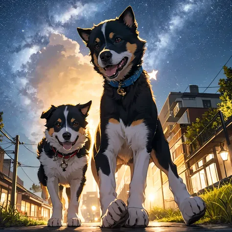 Dog walking happily while the stars are shining in the night sky、楽しそうに歩く犬