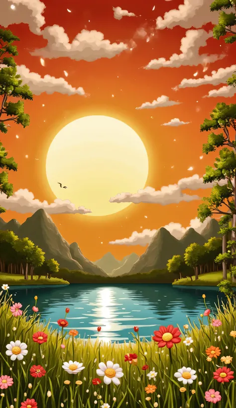 grasses land beside many  tree .  A vibrant and intricately detailed illustration of various flowers ,A vibrant and   style landscape above a serene lake.  a large, radiant VECTOR flat flat sunrise against a dramatic red and yellow sky, surrounded by a tra...
