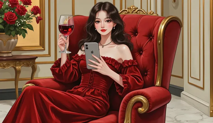 A stunning woman (Thẩm Chiêu) sits alone on a luxurious velvet armchair in a high-end modern room. She holds a glass of red wine in one hand, the other resting on the chair’s armrest. In front of her floats a sleek, minimal holographic screen with the glow...