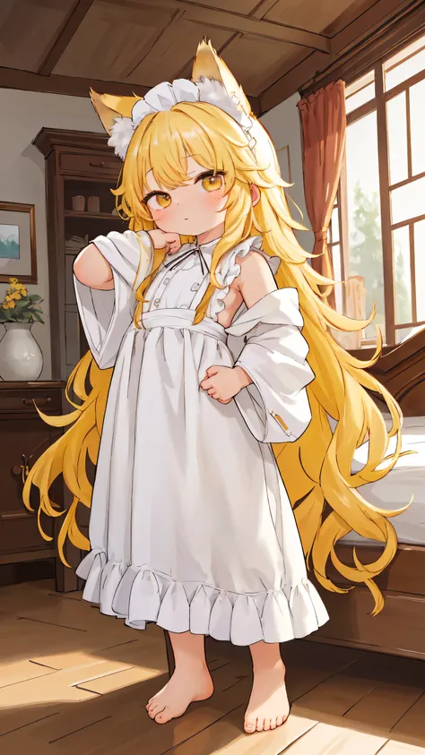 HD、takes a picture of her whole body、、Inside a beautiful mansion、bedroom、big wolf ear、Wolf Tail、Wild curly hair with long yellow hair、Quiet Girl、bare feet、maid clothes(Put your arm out)、barefoot、expressionless、Rin々Standing posture