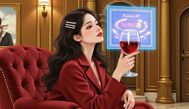 A stunning woman (Thẩm Chiêu) sits alone on a luxurious velvet armchair in a high-end modern room. She holds a glass of red wine in one hand, the other resting on the chair’s armrest. In front of her floats a sleek, minimal holographic screen with the glow...