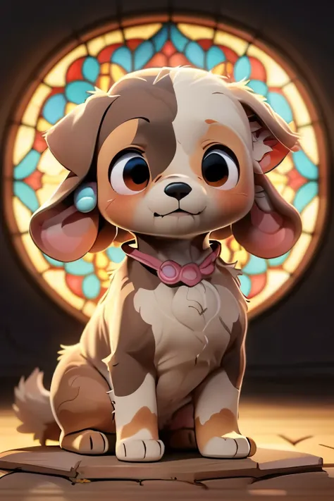 stained glass art dog alone in the center of the image, is facing the front, Illustration of a, are cute, anime style, dachshund