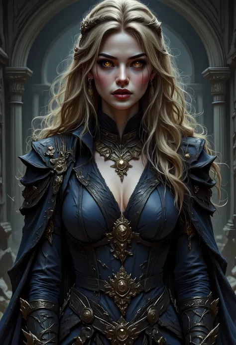  Arafed, a portrait of an vampire woman, full body shot, exotic beauty, long hair, gold hair, emerald green eyes, glowing eyes, vampire fangs, dark red lips, glamour shot, she wears an blue elegant suit, intricate suit. leather suit,  small cleavage, gold ...